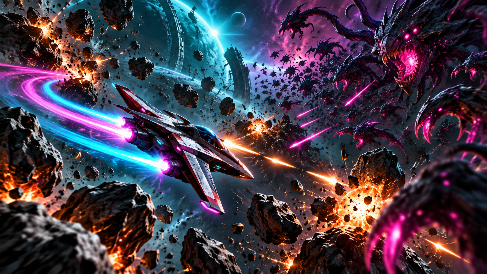 Cover art — lone starfighter banking through a neon asteroid arena as an alien horde swarms in from the dark.