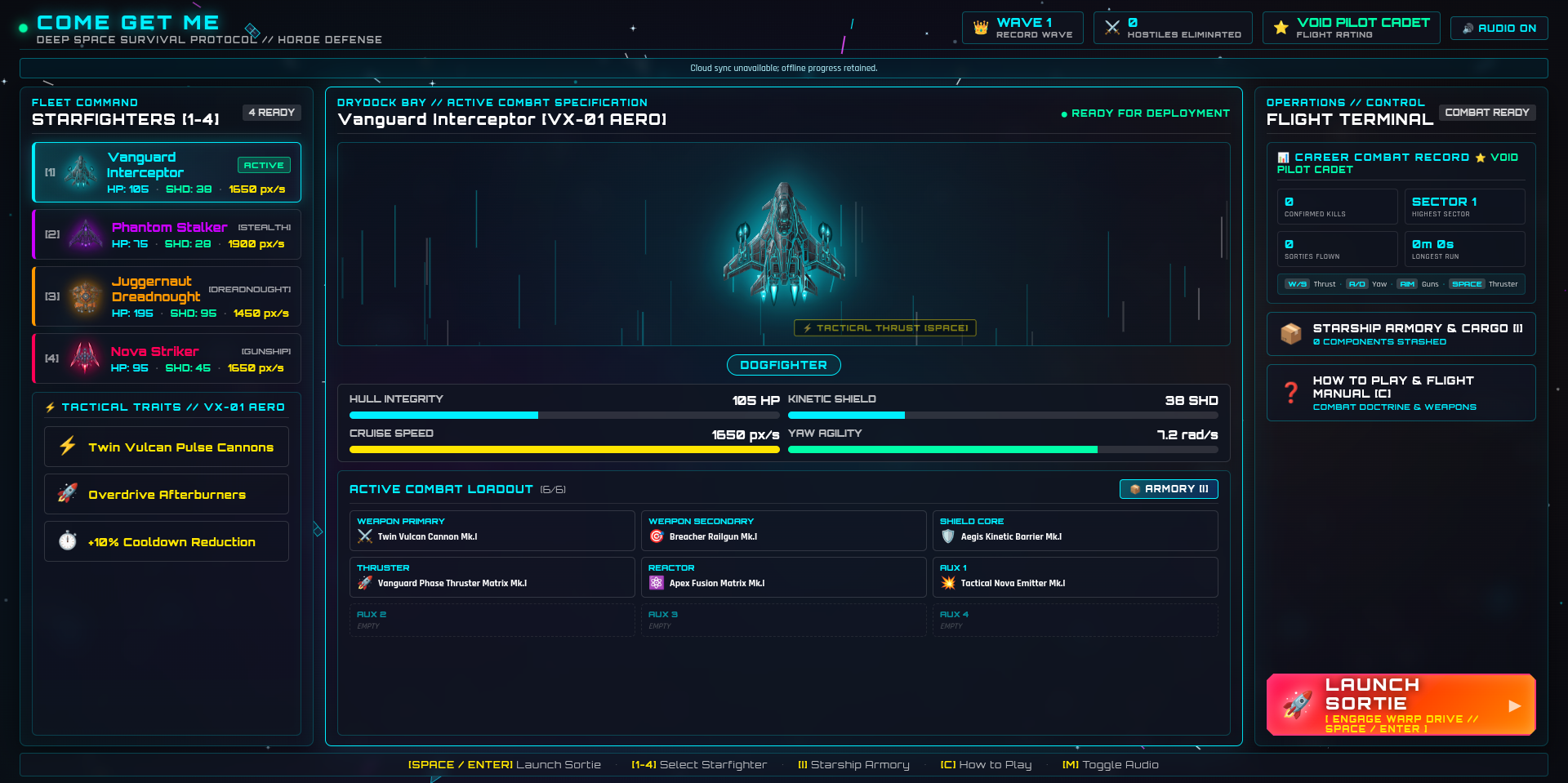 Hangar screen — STARFIGHTERS ship select with hull stat bars and the LAUNCH SORTIE button.