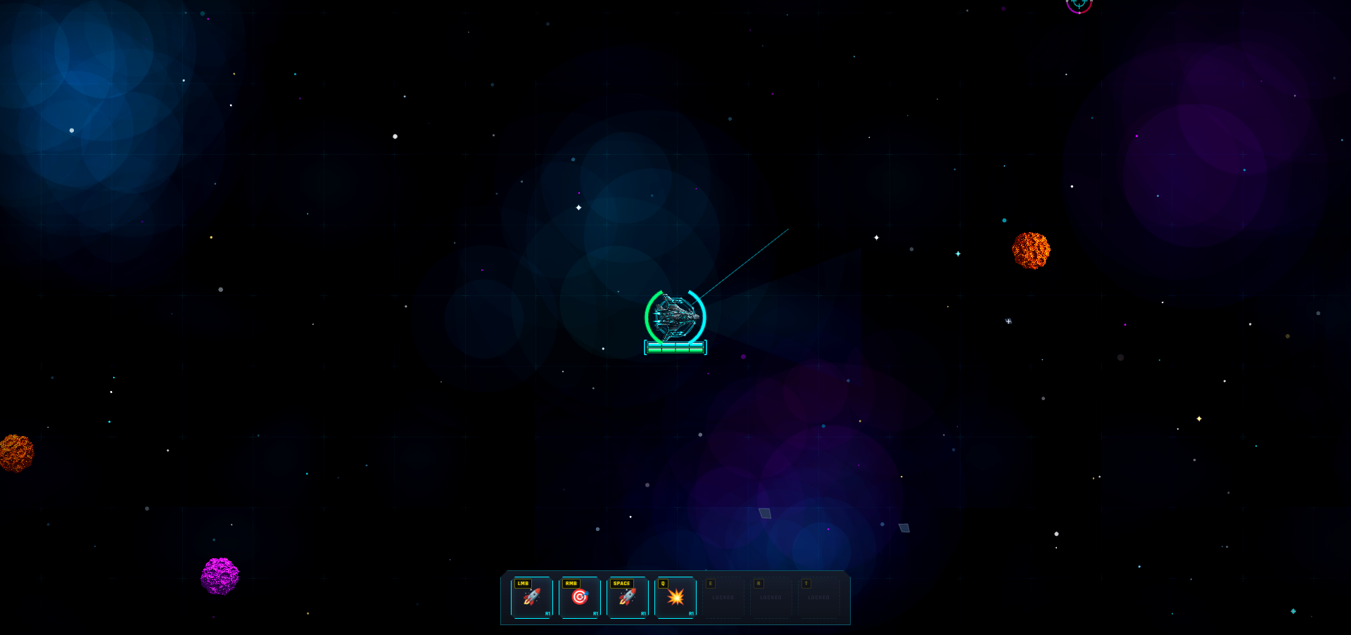 Live run — player starfighter in the arena with the OBJECTIVE banner and weapon HUD.