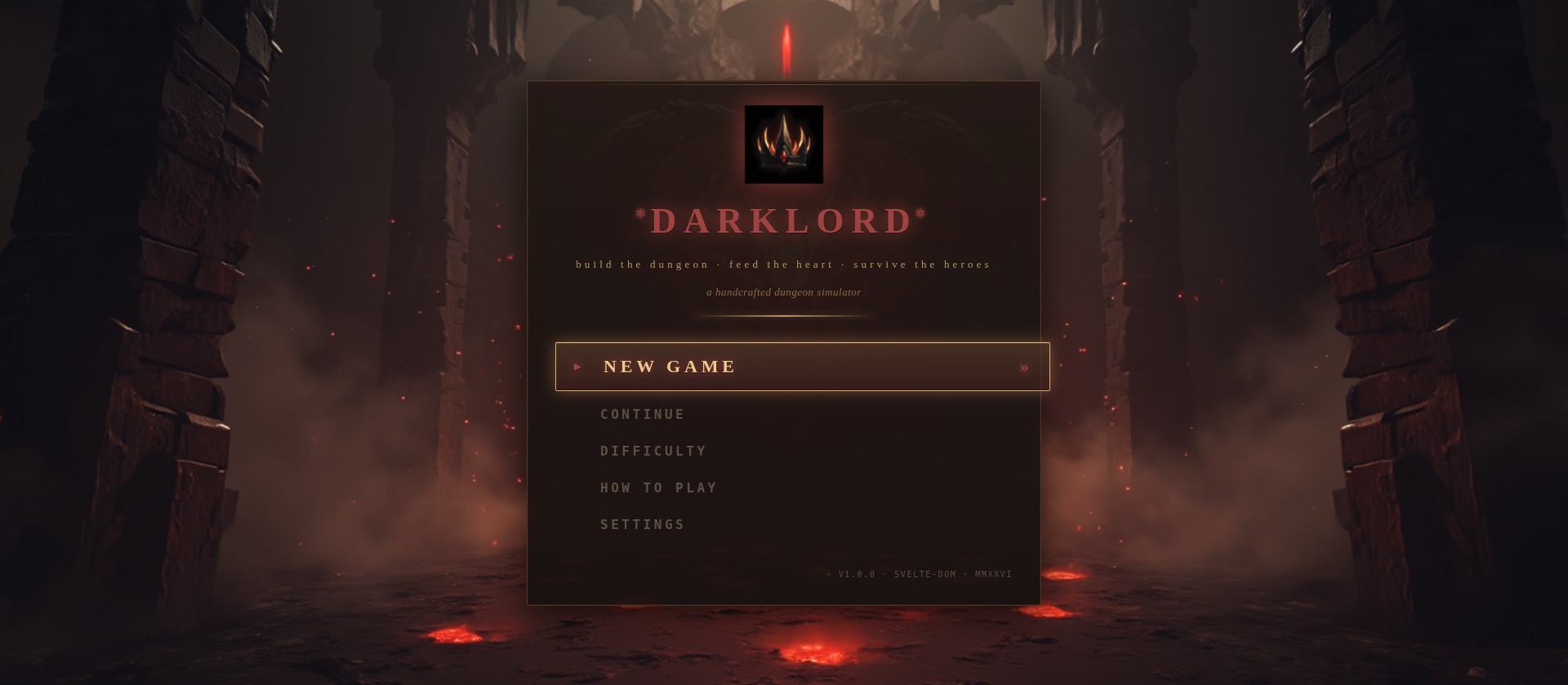 Title screen — DARKLORD over the mmx-painted menu cover with ember parallax: New Game / Continue / Difficulty menu, hand-painted Darklord portrait and Cinzel typography.