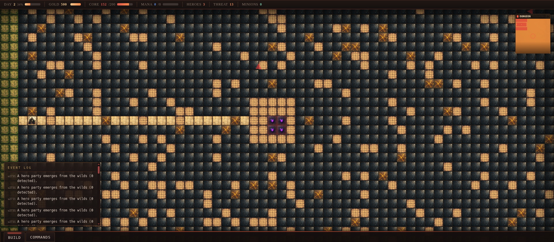 Gameplay — isometric 2:1 dimetric dungeon with dug rooms, imps mining ore veins, chibi anime minions with mood bars, HUD pills (day/gold/core HP), minimap and build dock.