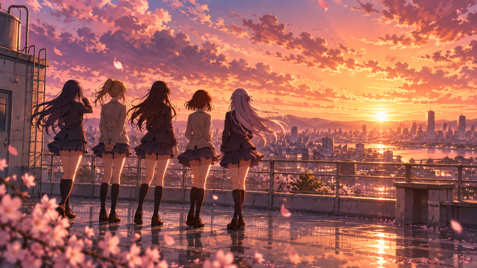 Cover art — five heroines on a school rooftop at sunset beneath drifting cherry-blossom petals.