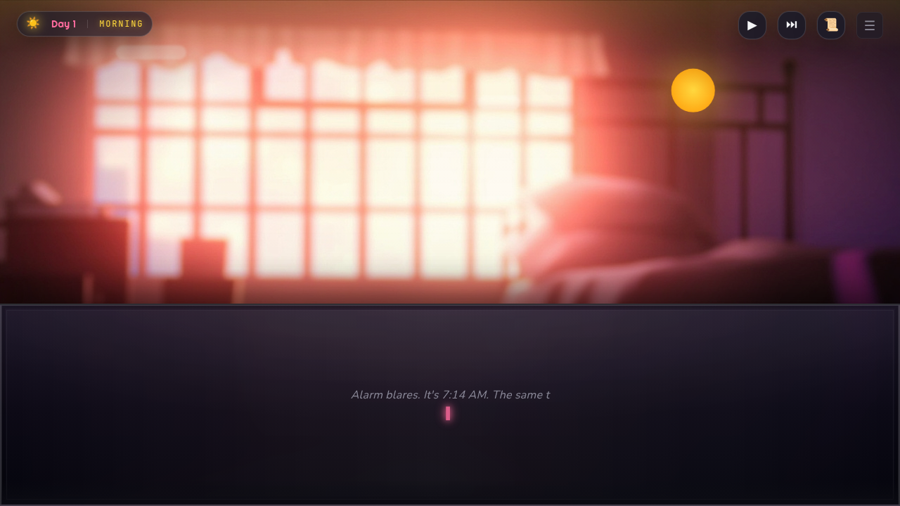 In-game dialogue — Day 1, MORNING. Bedroom scene with morning sun and the opening line: 'Alarm blares. It's 7:14 AM. The same t...'